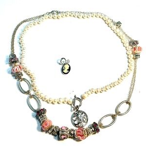 Elegant Pearl and Pink Bead Necklace Charm Charms Set of 2